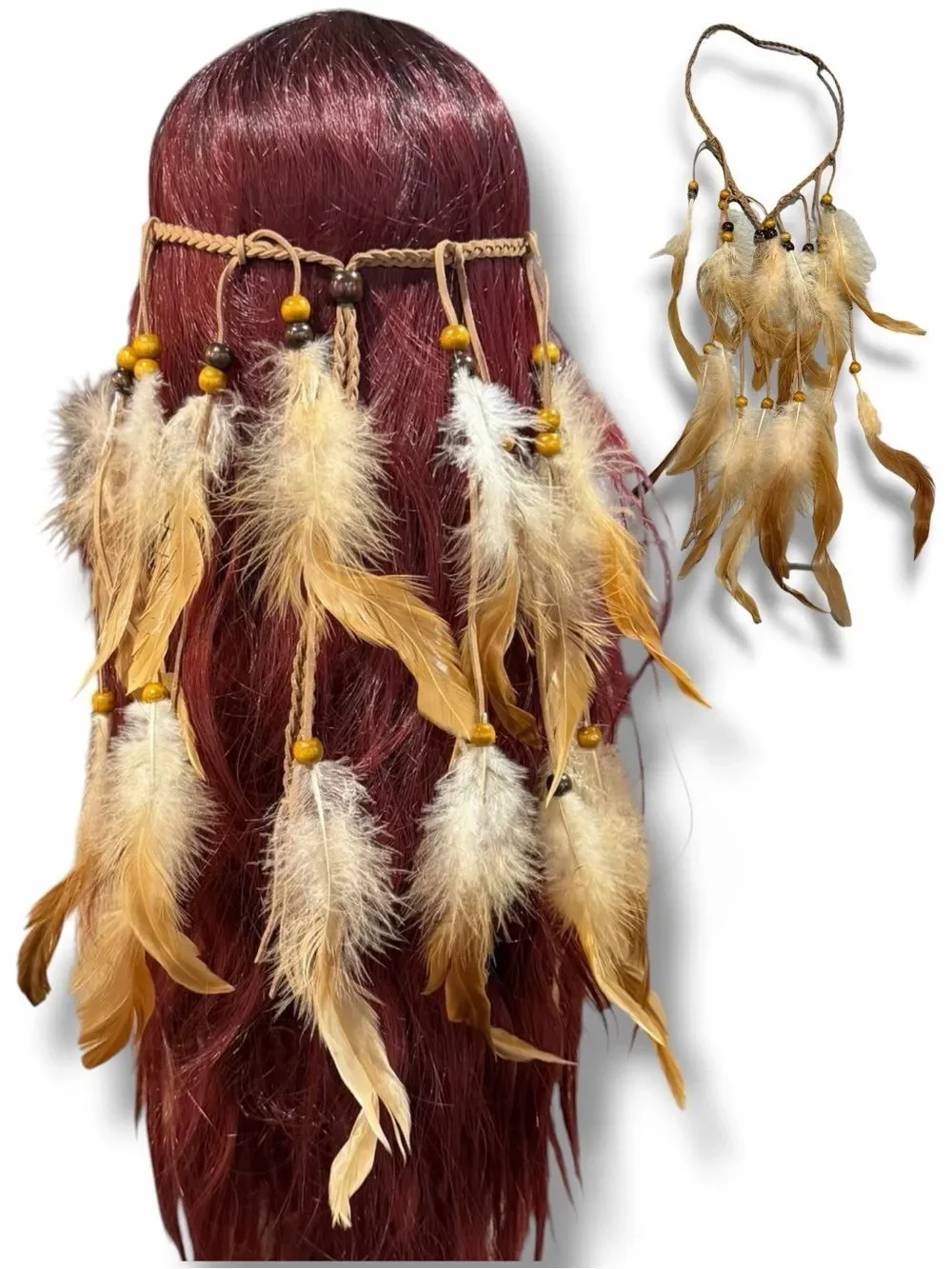 Brown Feather Long Headband Western Festival Head Piece